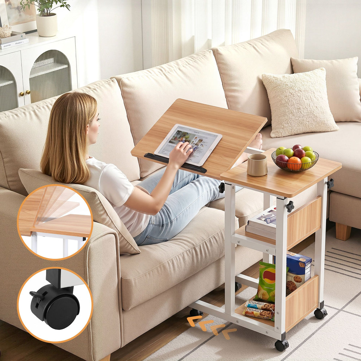 Artiss 3 Tier Adjustable Laptop Desk Tiltable Mobile Side Table Wheels Oak