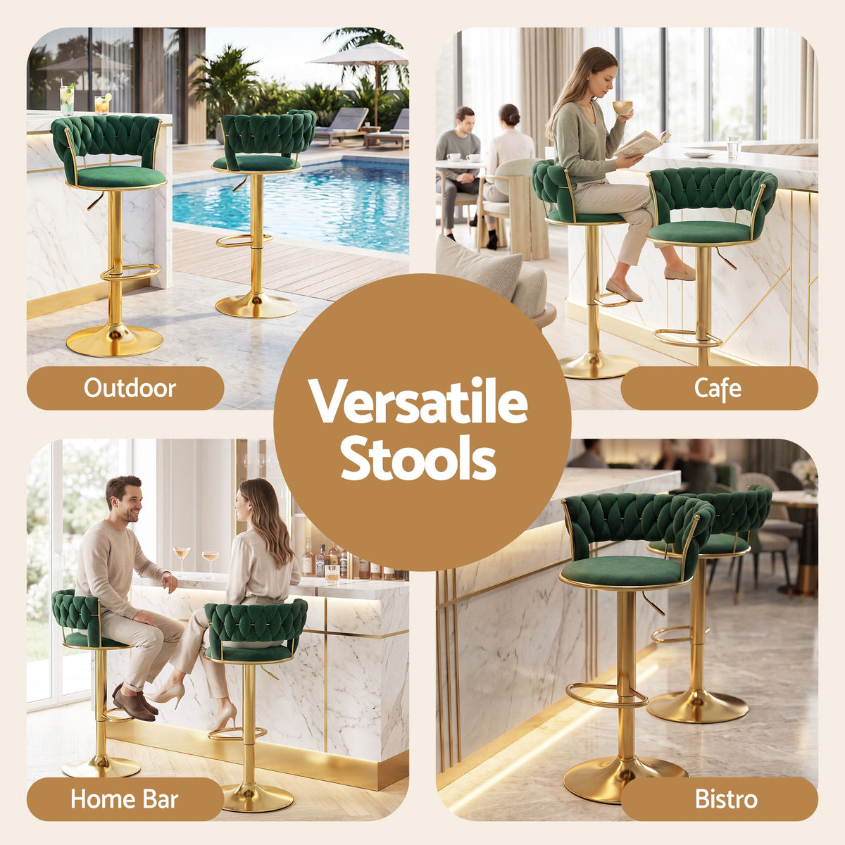 Artiss 3x Bar Stools Gas Lift Adjustable Velvet Woven Backrest Vivien Green