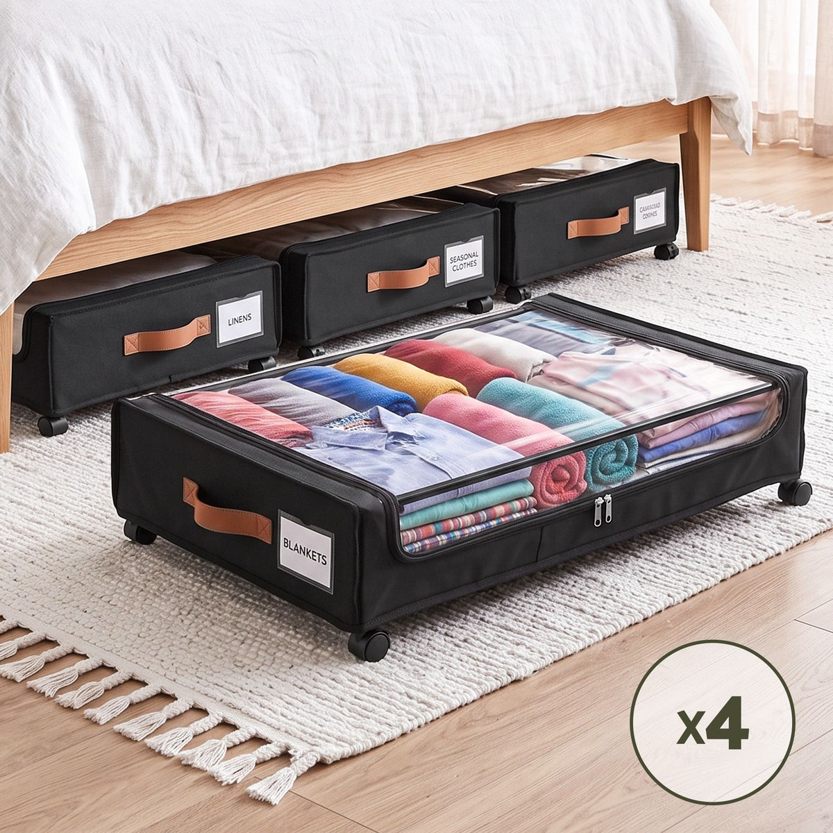 Artiss 4X Under Bed Storage Containers 48L Clothes Organiser Wheels Oxford Black