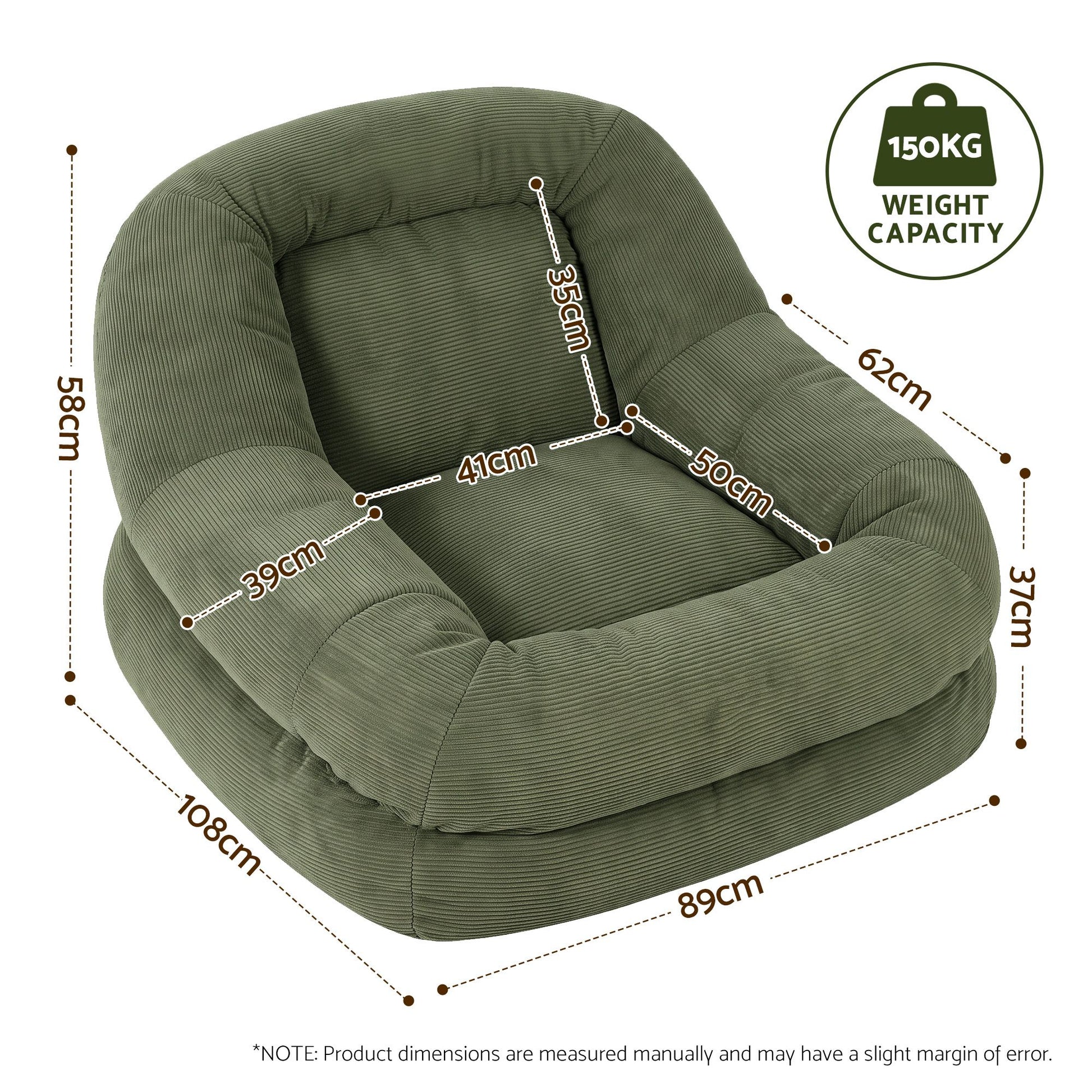 Artiss Armchair Floor Chair Couch Recliner 1 Seater Cloud Chaise Lounge Corduroy Green