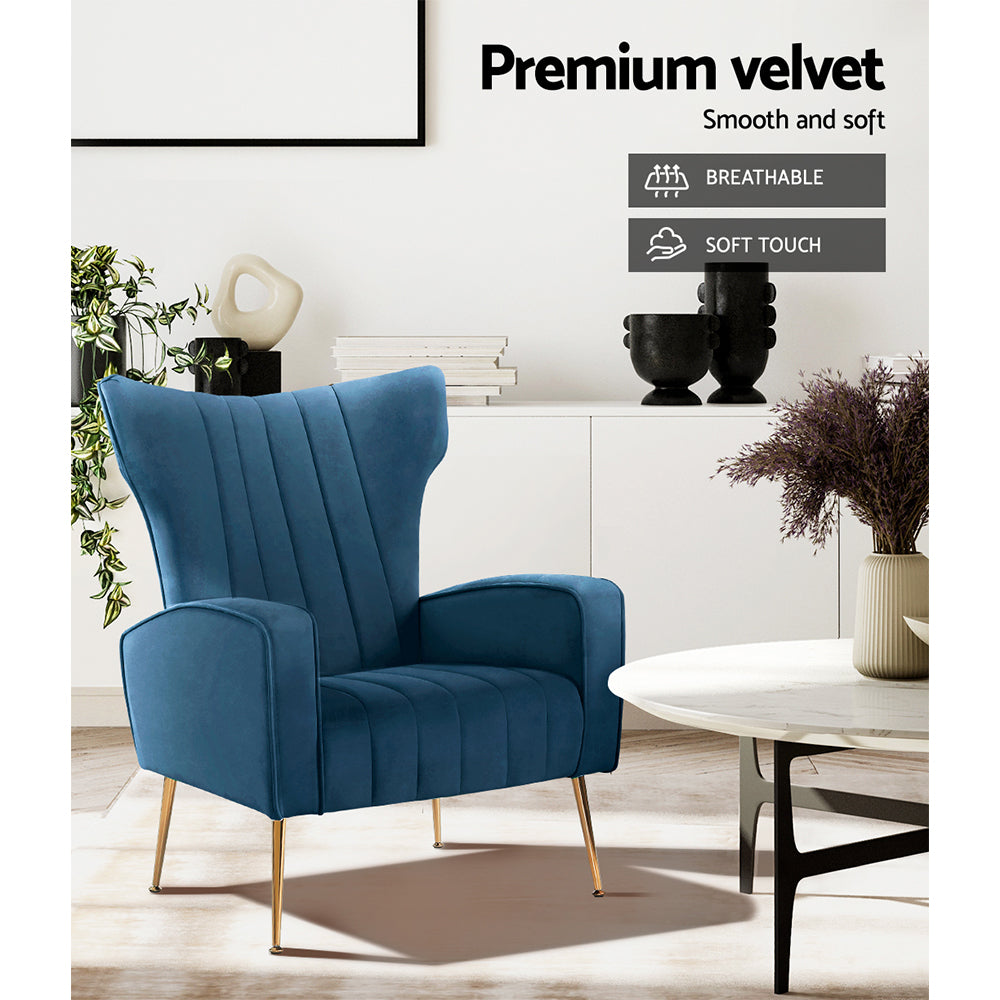 Artiss Armchair Lounge Accent Chairs Armchairs Chair Velvet Sofa Navy Blue Seat