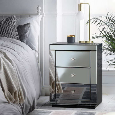 Artiss Bedside Table 3 Drawers Mirrored - PRESIA Grey
