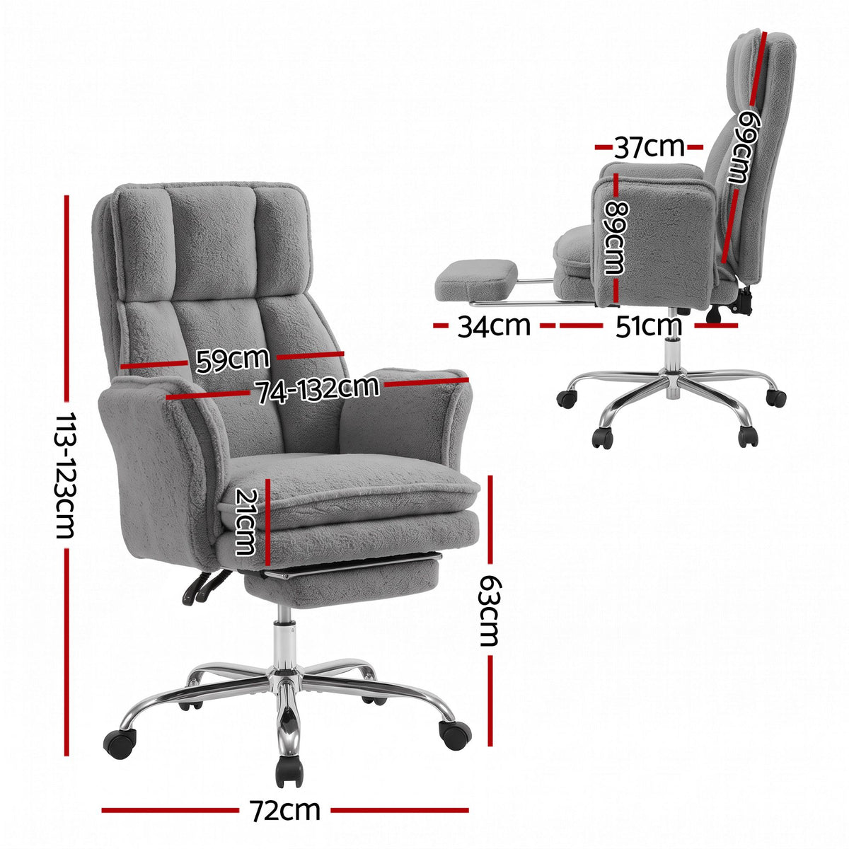 Artiss Big & Tall Criss Cross Office Chair with Flip Armrests Foot Rest Reclining Teddy Fleece Grey