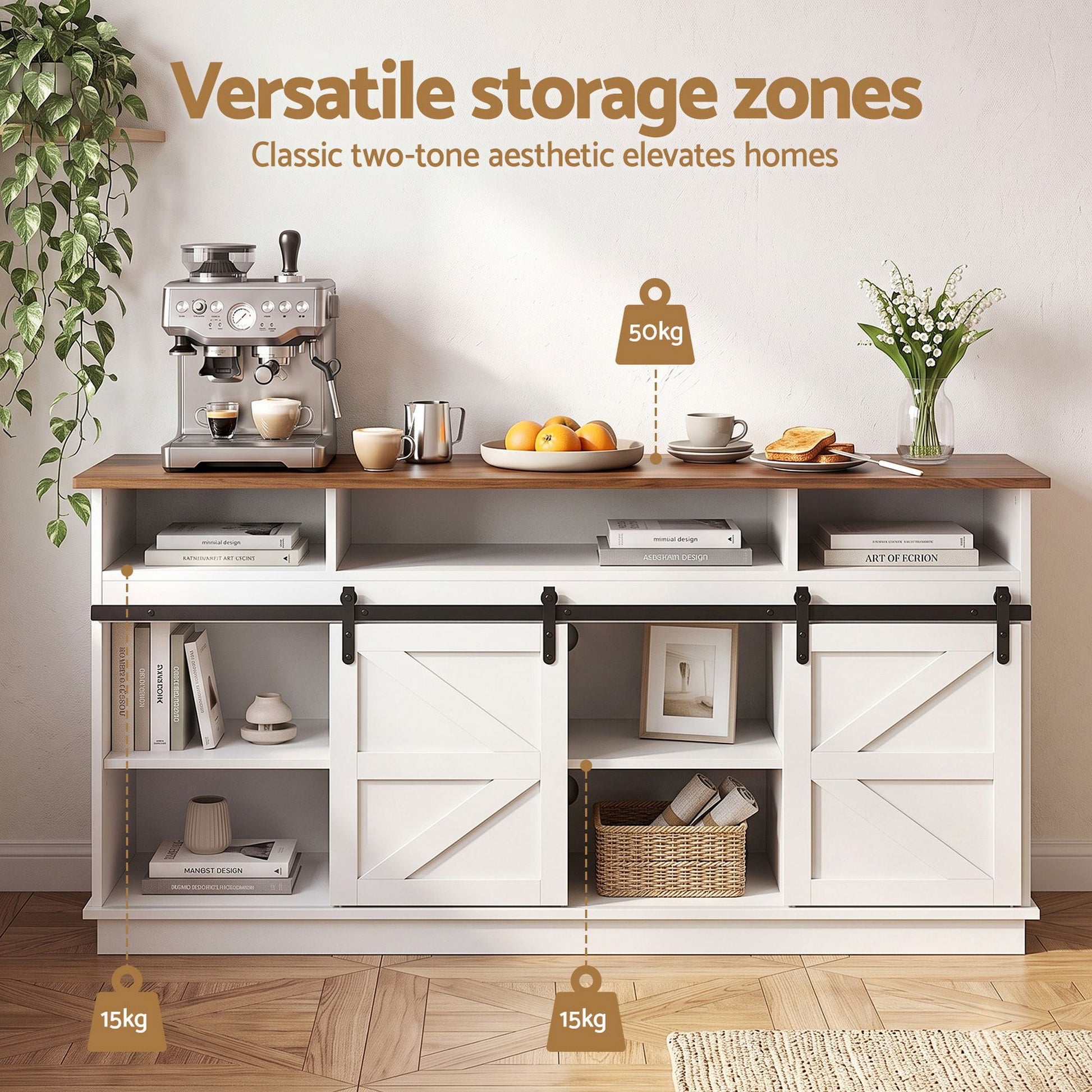 Artiss Buffet Sideboard Cabinet 150cm 3-Tier Kitchen Storage Sliding Doors White