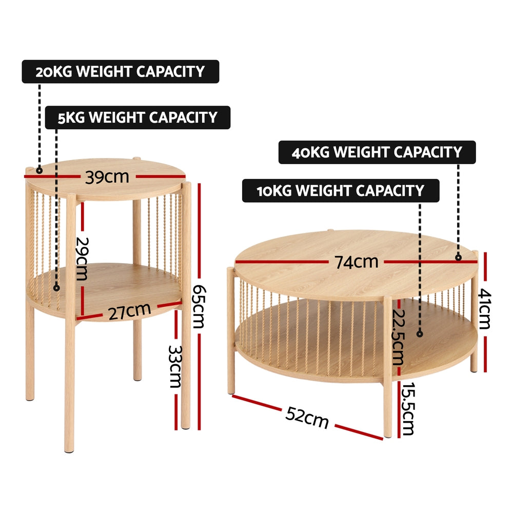 Artiss Coffee Table 2-Tier Round Wood