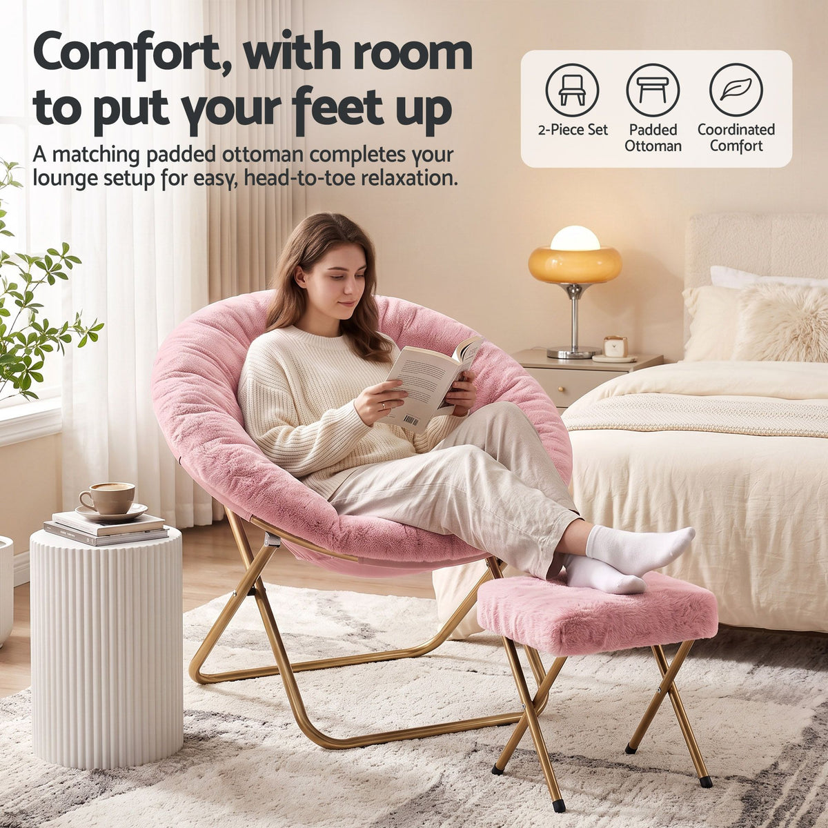 Artiss Comfy Saucer Chair Soft Faux Fur Foldable Accent Chair with Ottoman Pink