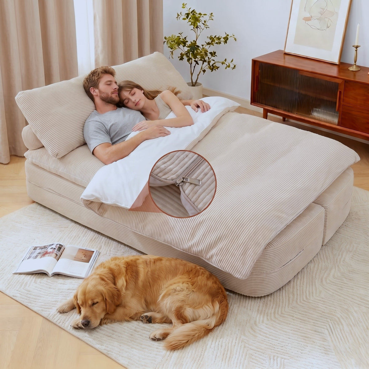 Artiss Convertible Folding Sofa Bed 30D High-Density Foam Boneless Couch with Corduroy Sleeper Couch Lounger for Living Room Beign