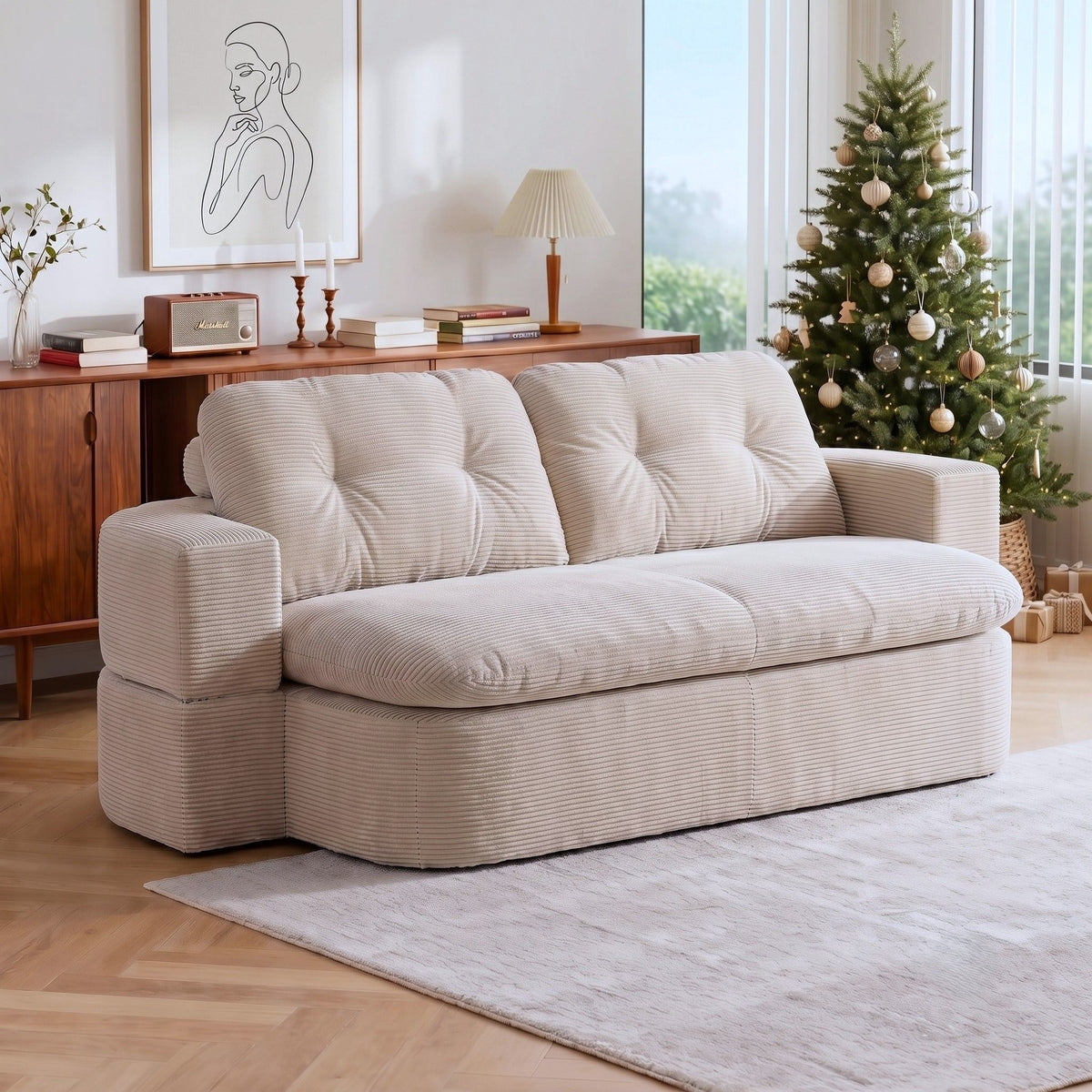 Artiss Convertible Folding Sofa Bed 30D High-Density Foam Boneless Couch with Corduroy Sleeper Couch Lounger for Living Room Beign