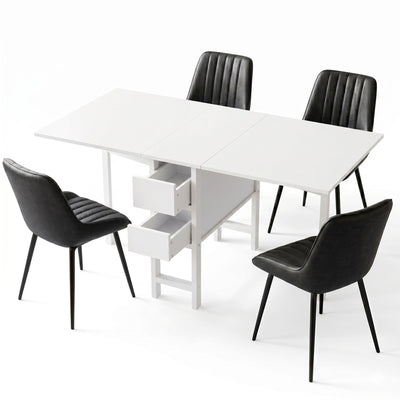 Artiss Dining Table and Chairs Set 5pcs Foldable Kitchen Furniture with 2 Drawers Black and White