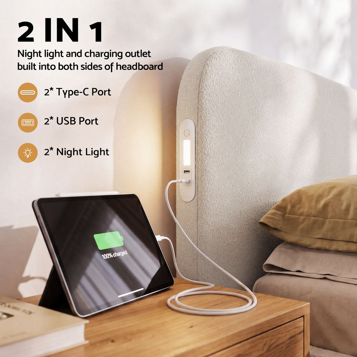 Artiss Double Bed Frame with 100cm Bouclé Headboard, USB-C & Night Lights