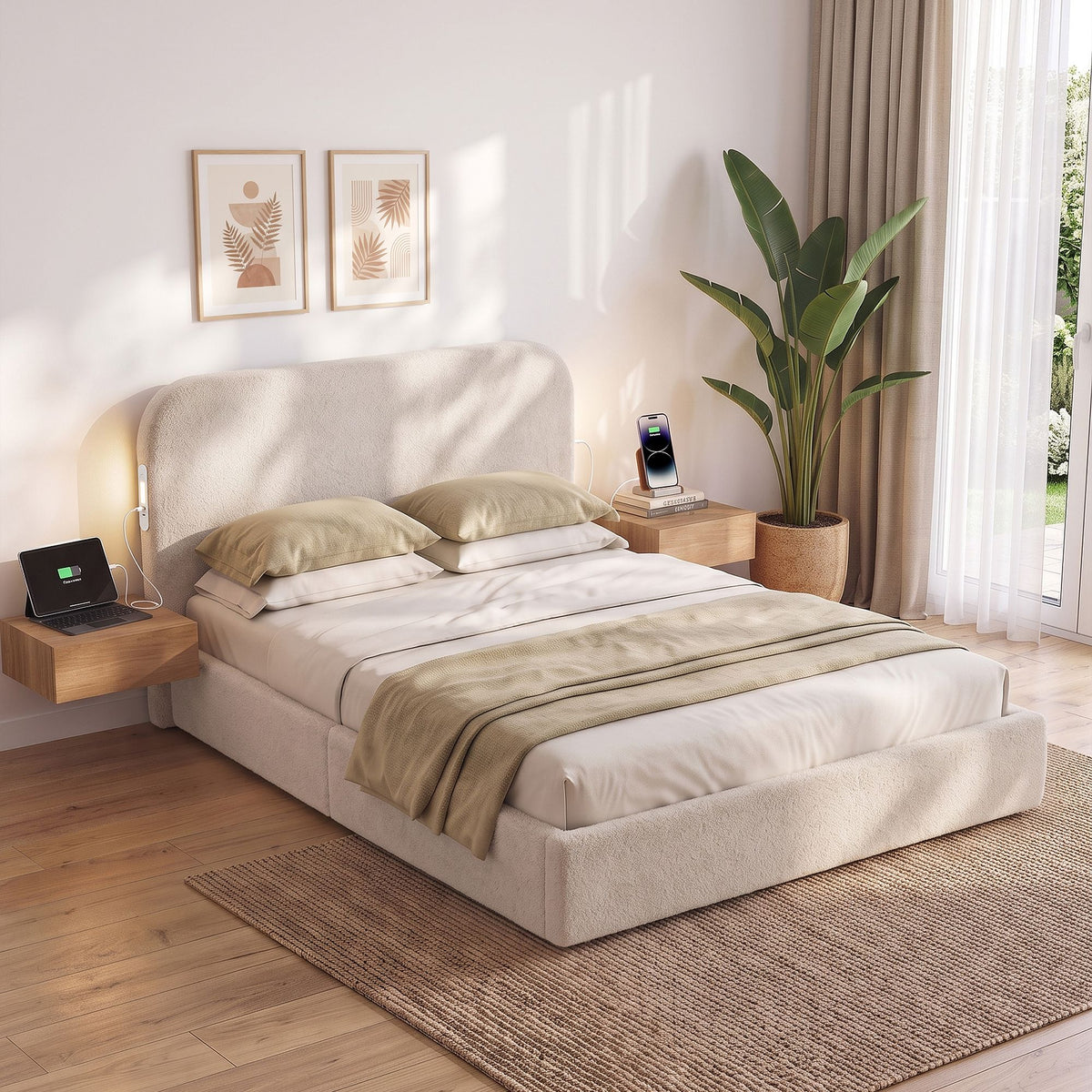 Artiss Double Bed Frame with 100cm Bouclé Headboard, USB-C & Night Lights