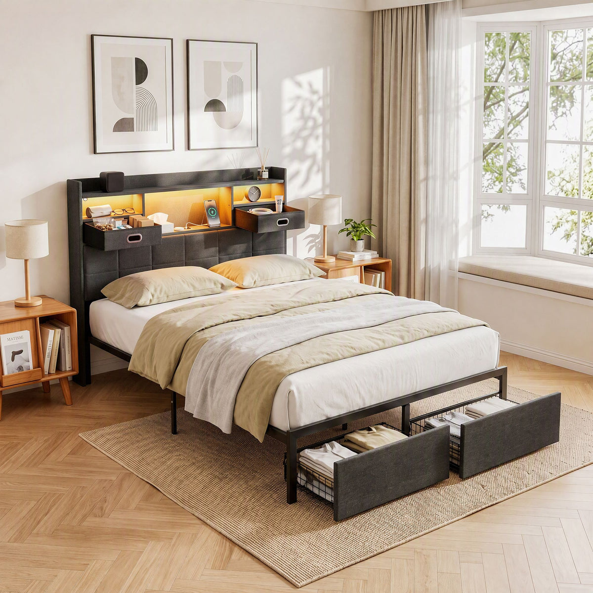 Artiss Double Bed Frame with 2 Storage Drawers & Headboard, USB Charging Station, RGB LED Light