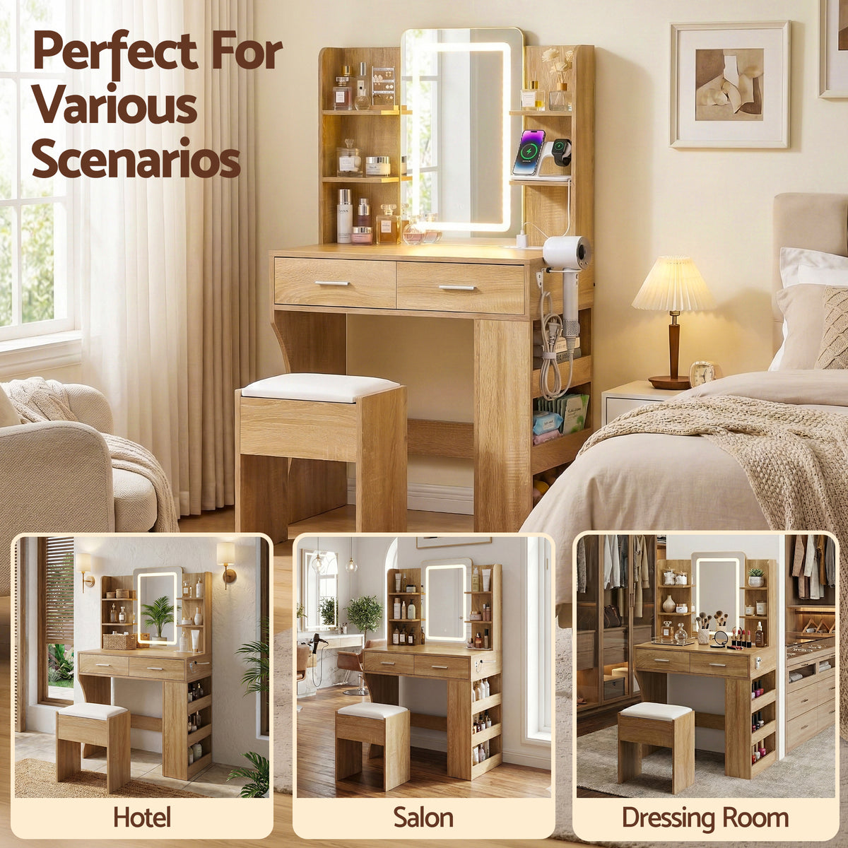 Artiss Dressing Table LED Vanity Desk Set Stool Wood
