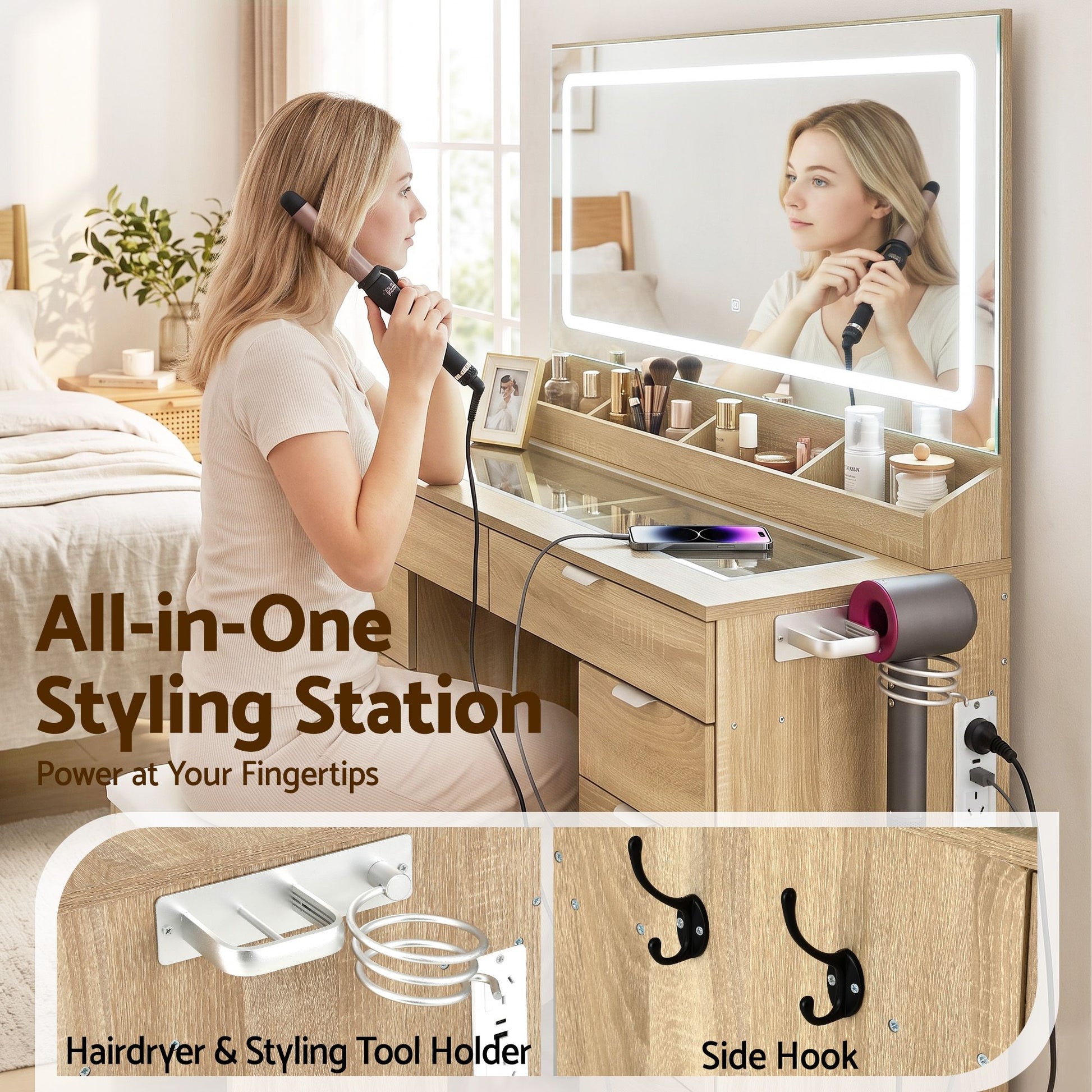 Artiss Dressing Table Makeup Vanity Desk Large LED Mirror 10 Drawers Power Outlet Hair Dryer Holder Hook Wood