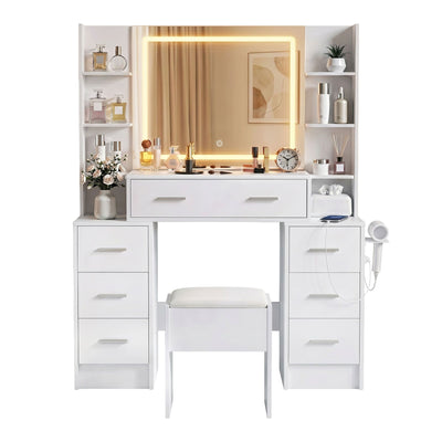 Artiss Dressing Table Vanity Desk Set Stool LED Charging Station White