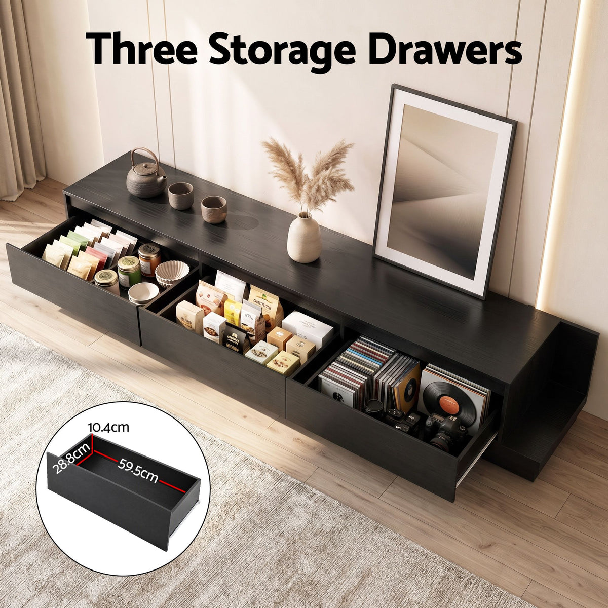 Artiss Extendable TV Unit 200CM 3 Storage Drawers Dark Walnut & Black