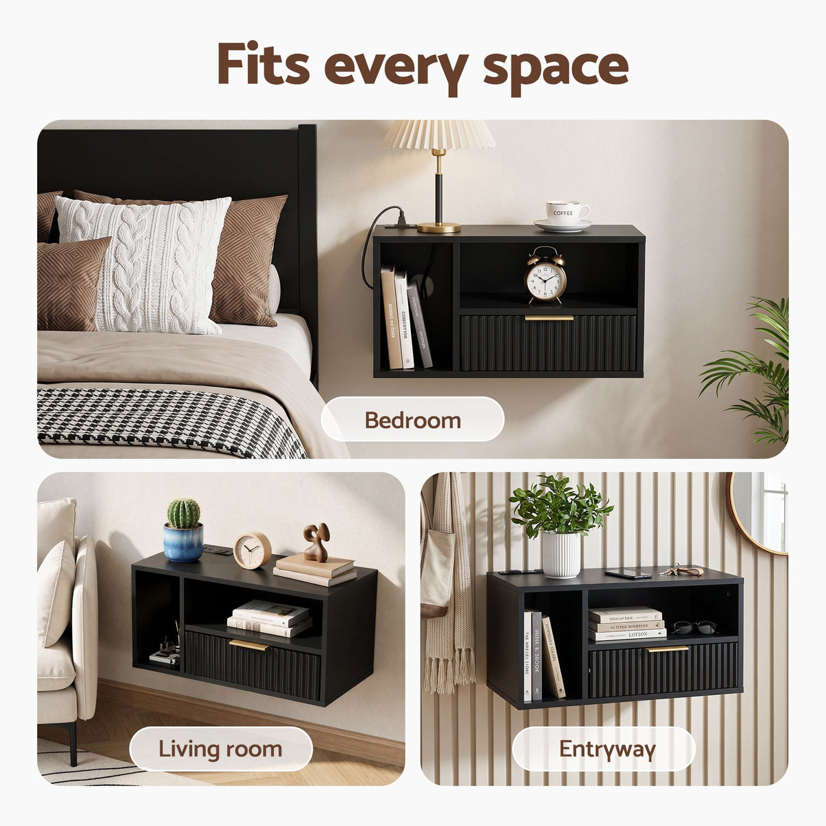 Artiss Floating Bedside Table with Charging Station Black Nightstand 1 Drawer