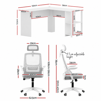 Artiss Home Office Desk and Chair Set, 136cm L Shaped Computer Desk with Shelves & Cable Management, Ergonomic Mesh Office Chair with Adjustable Headrest, Flip-Up Armrests