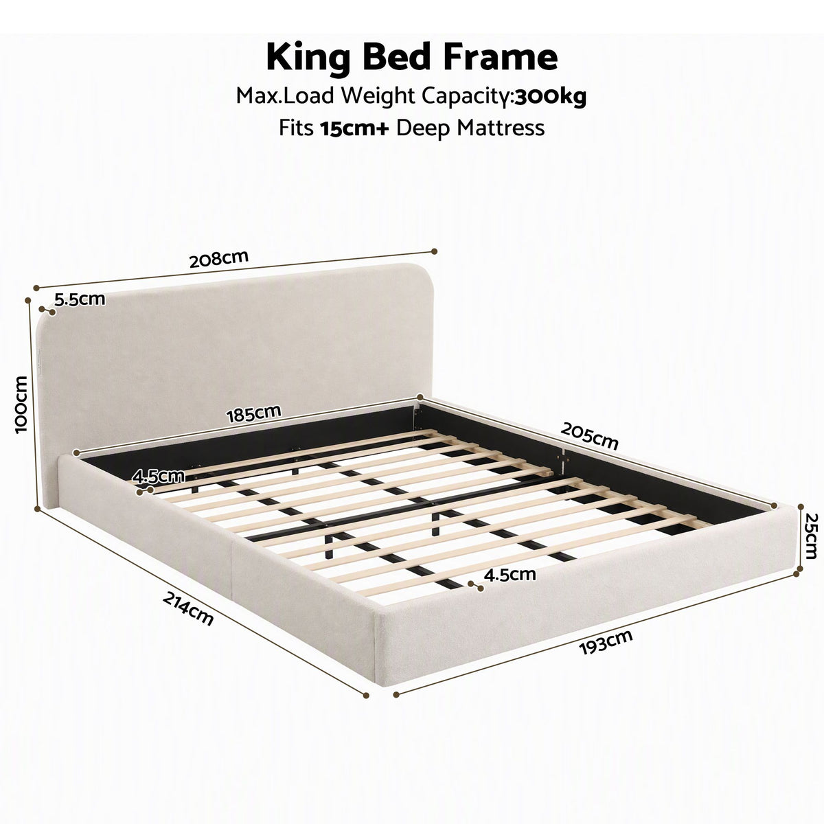Artiss King Bed Frame with 100cm Bouclé Headboard, USB-C & Night Lights