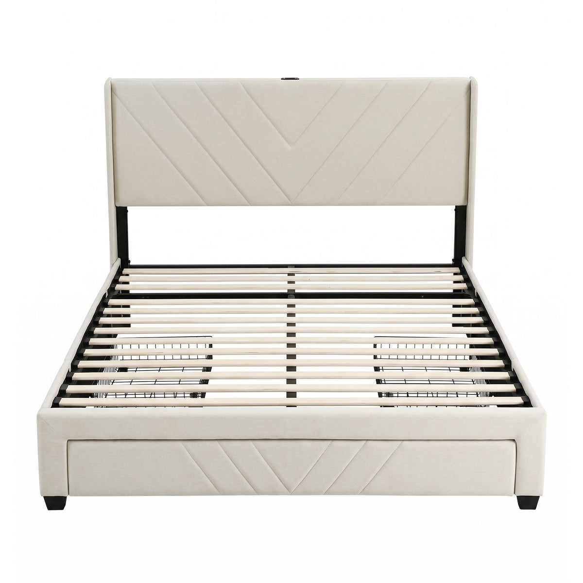 Artiss King Bed Frame with Charging Station and Storage Drawers Beige 300KG Noise Free