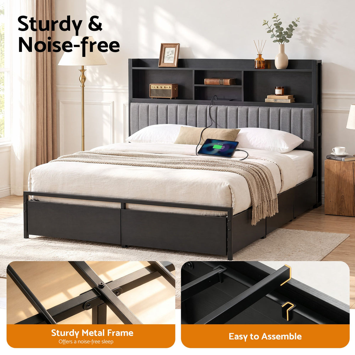 Artiss King Bed Frame with Storage, 4 Drawers and Charging Station