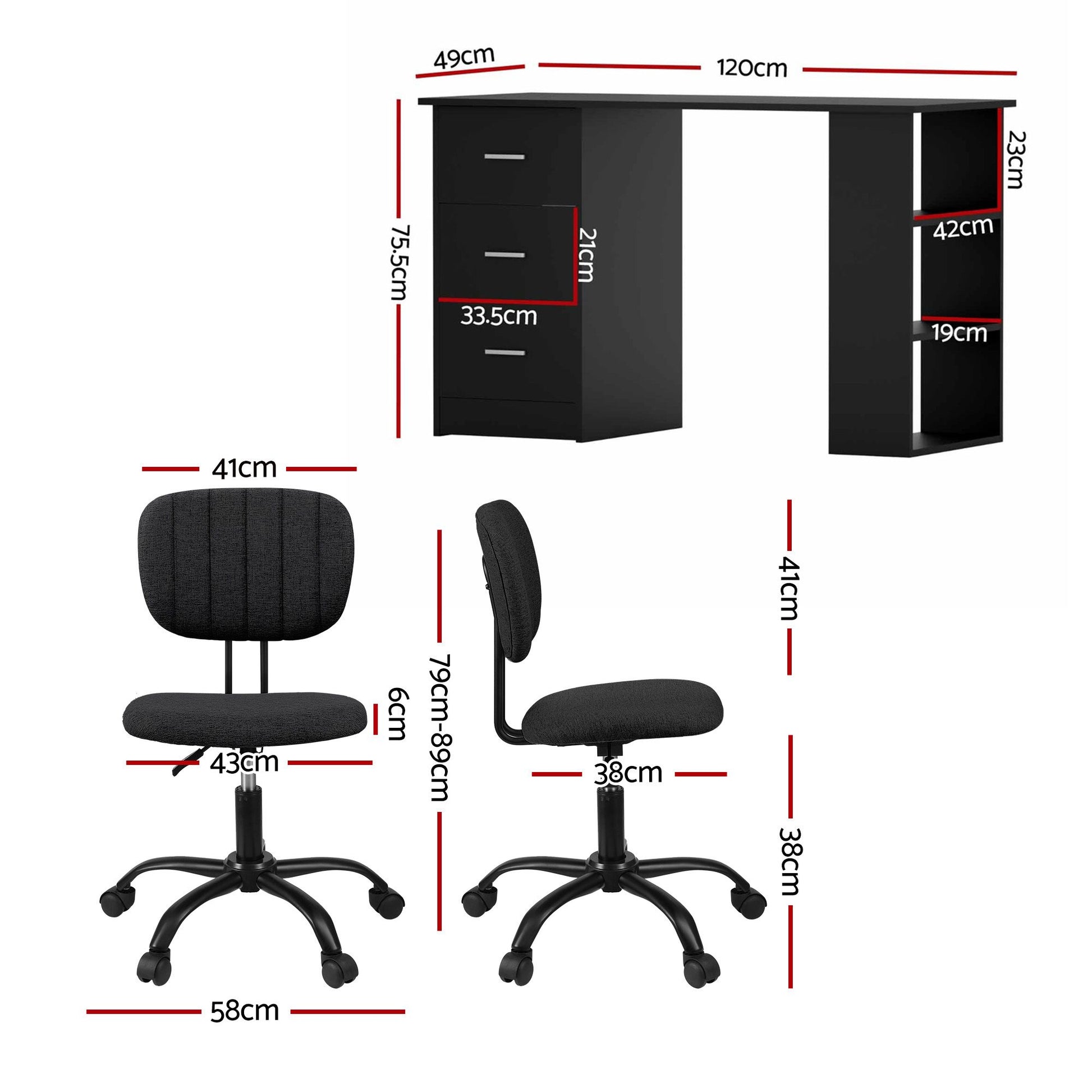 Artiss Office Desk & Chair Set 120cm Computer Desk with 3 Drawers & Open Shelves, Ergonomic Armless Office Chair with Wheels, Height Adjustable for Home Office Study