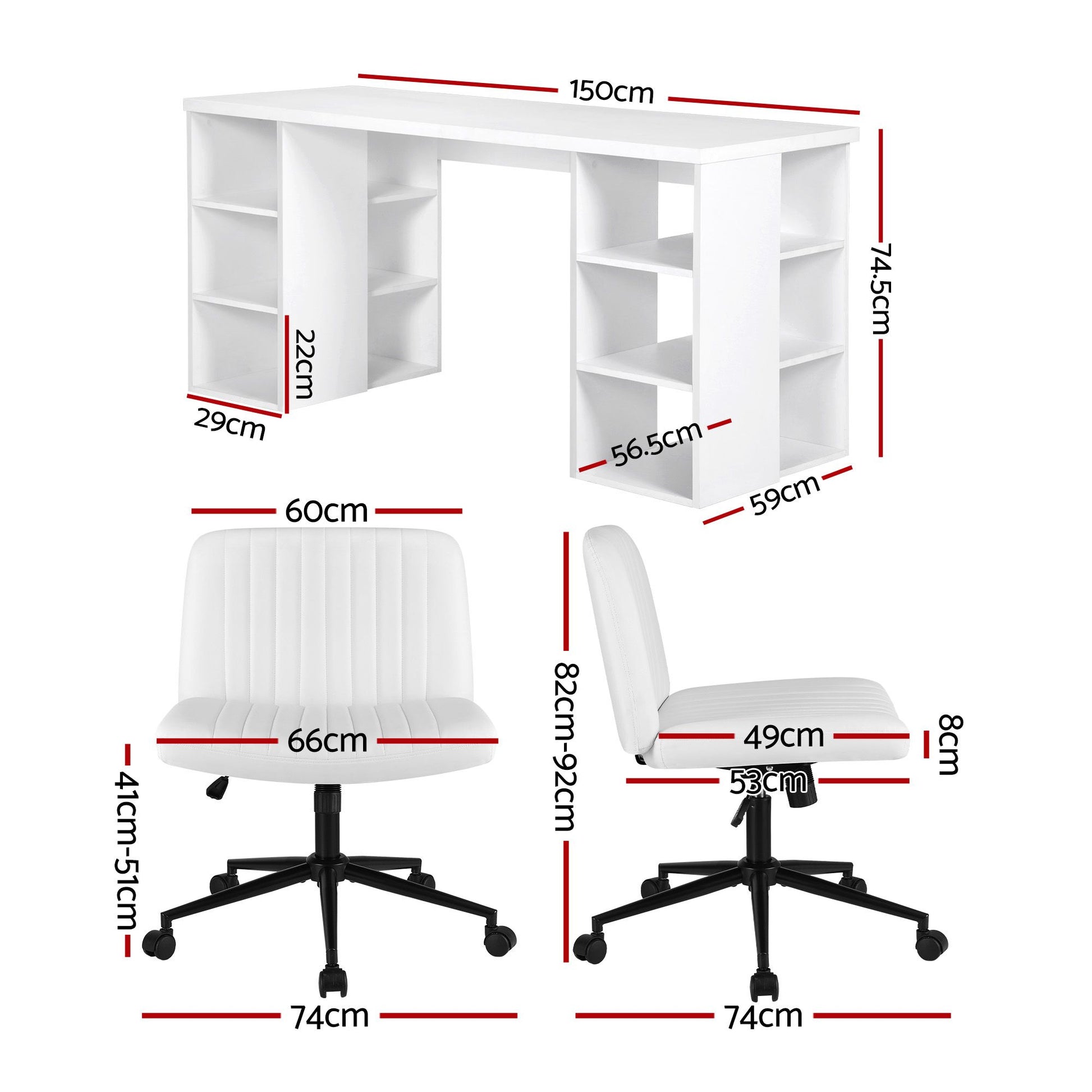 Artiss Office Desk & Chair Set 150cm Computer Desk with 6 Storage Shelves & Ergonomic Cross Legged Chair Armless Cross PU Leather Office Chair with Wheels