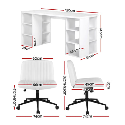 Artiss Office Desk & Chair Set 150cm Computer Desk with 6 Storage Shelves & Ergonomic Cross Legged Chair Armless Cross PU Leather Office Chair with Wheels