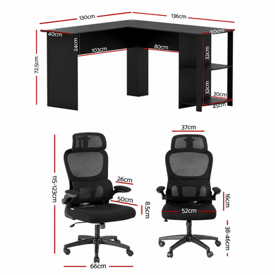 Artiss Office Desk and Chair Set L Shaped Computer Desk 136cm with 2 Tier Storage Shelves, Ergonomic Mesh Office Chair with Adjustable Headrest, Flip-Up Armrests & Lumbar Support