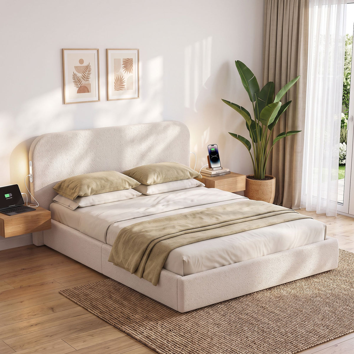 Artiss Queen Bed Frame with Bouclé Headboard, USB-C Charging & Night Lights