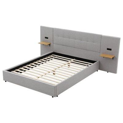 Artiss Queen Bed Frame with Wide Headboard, Floating Shelves and USB Grey