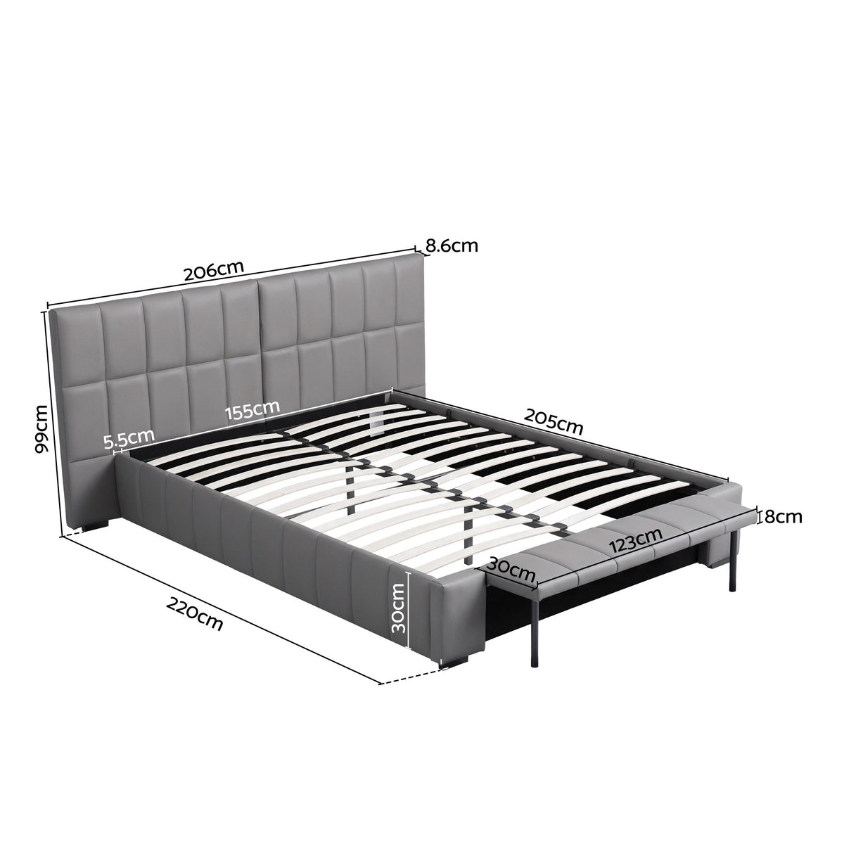 Artiss Queen Size Upholstered Gas Lift Bed Frame with Foldable Bench PVC Leather Platform Bed with Storage