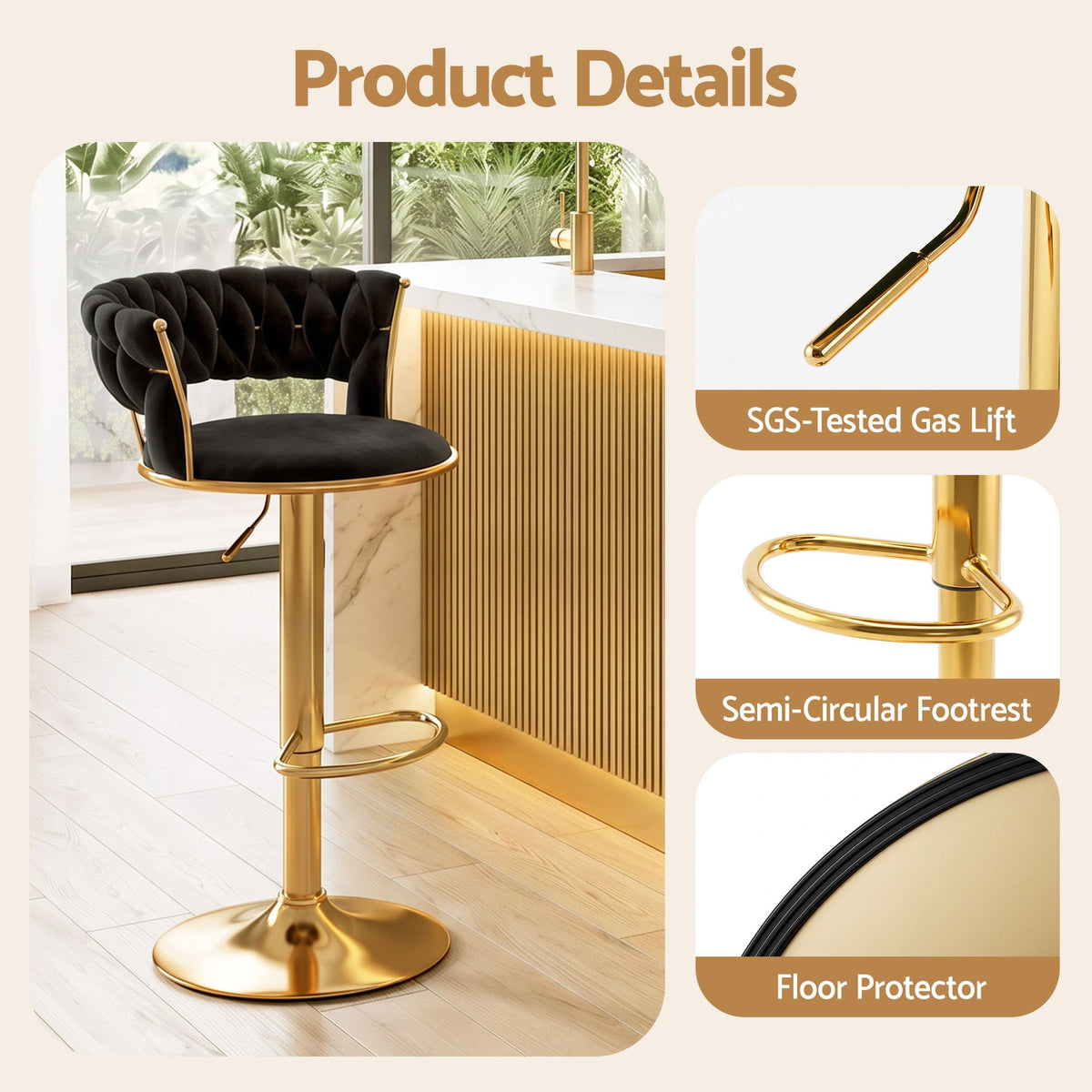 Artiss 4x Bar Stools Gas Lift Adjustable Velvet Woven Backrest Vivien Black