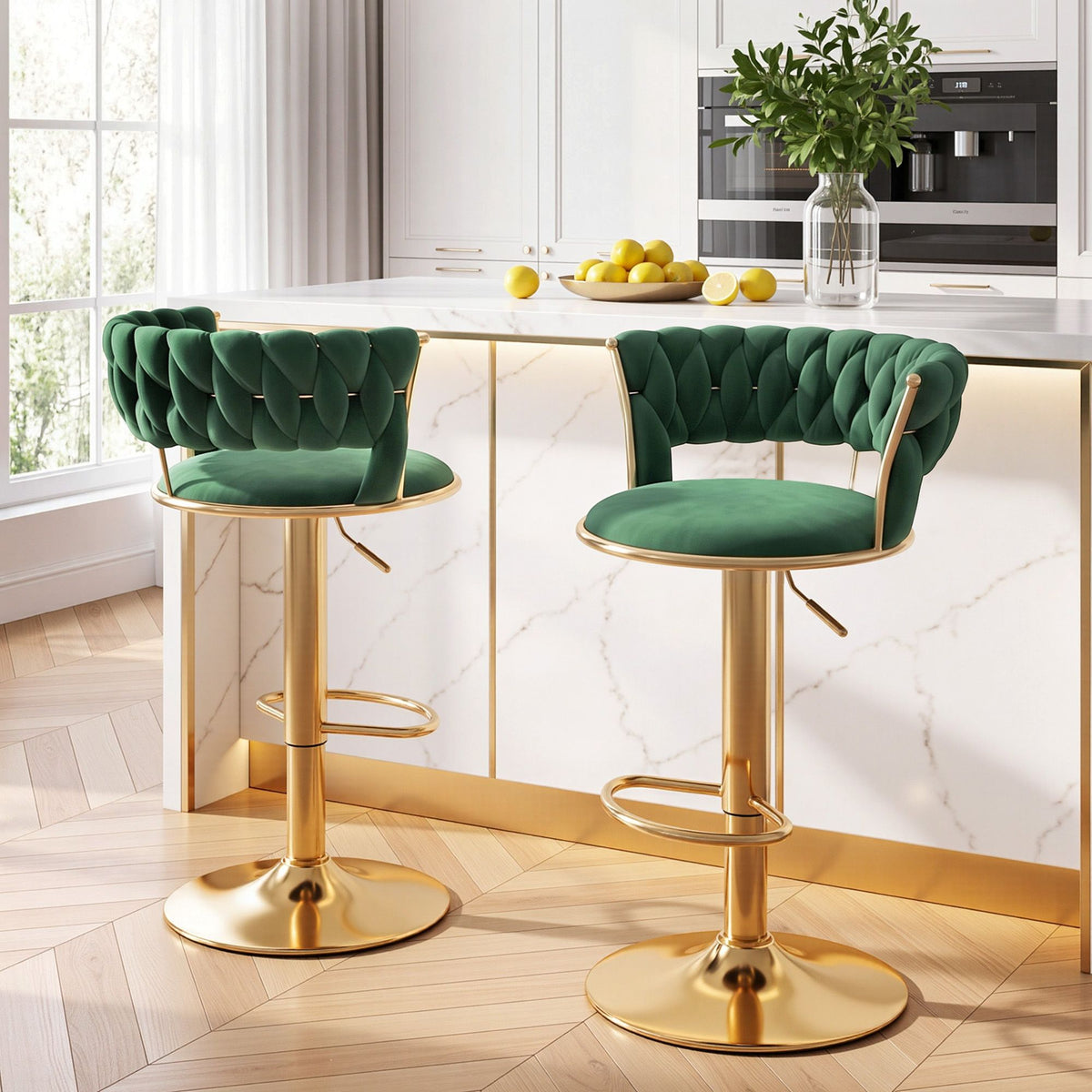 Artiss 2x Bar Stools Gas Lift Adjustable Velvet Woven Backrest Vivien Green