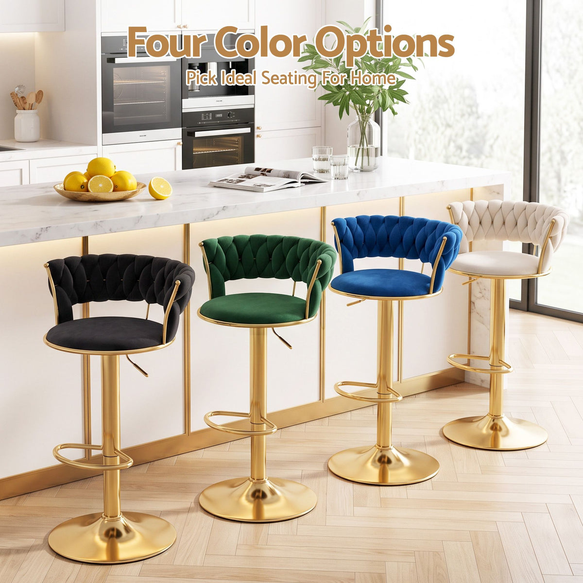 Artiss 2x Bar Stools Gas Lift Adjustable Velvet Woven Backrest Vivien Green