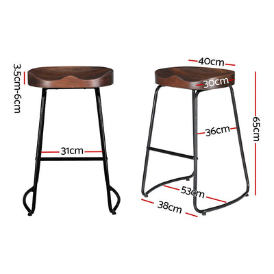 Artiss Set of 2 Elm Wood Backless Bar Stools 65cm - Black and Dark Natural