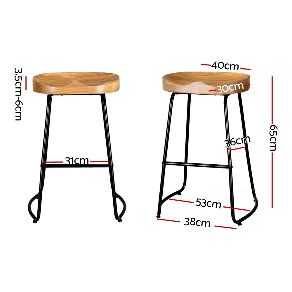 Artiss Set of 2 Elm Wood Backless Bar Stools 65cm - Black and Light Natural