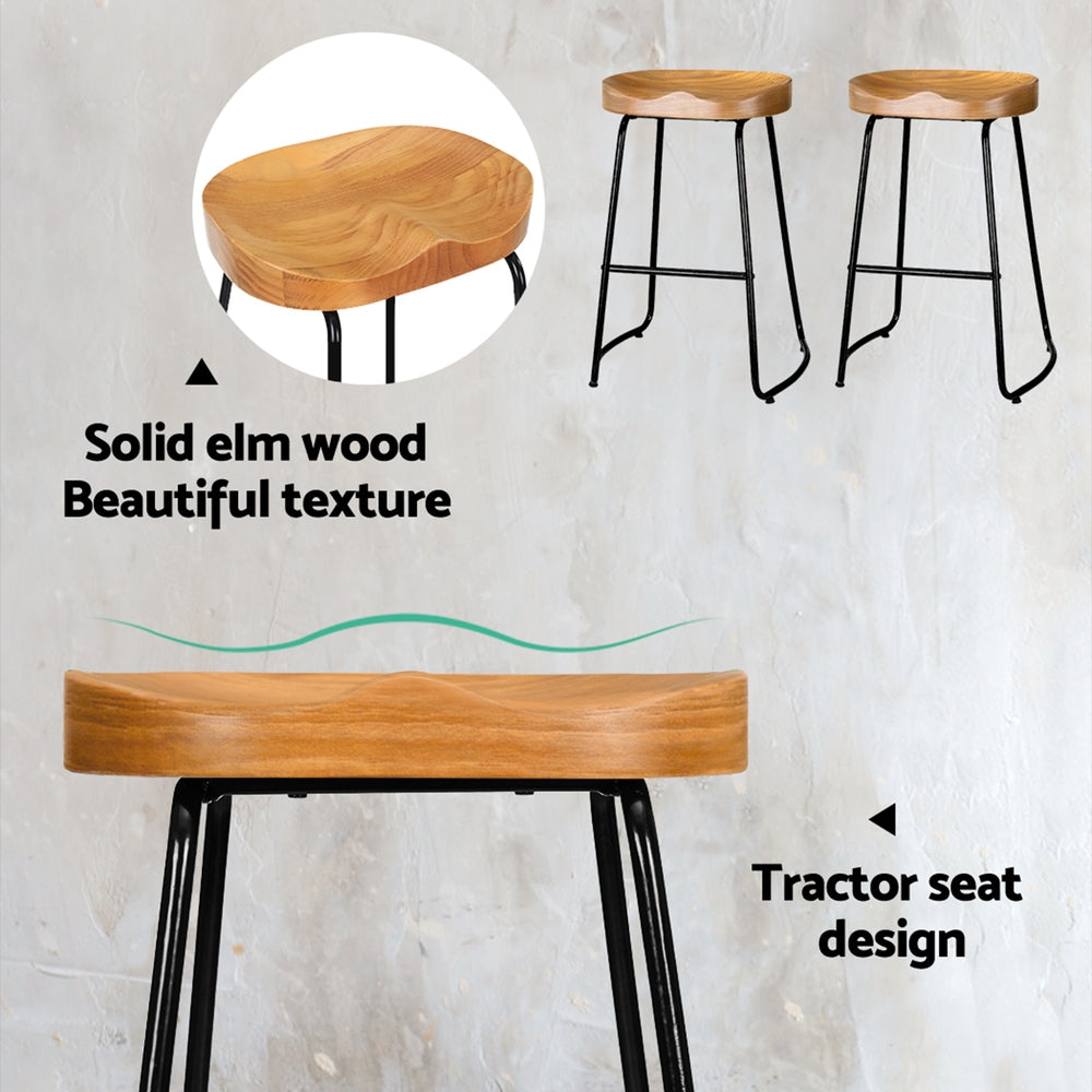 Artiss Set of 2 Elm Wood Backless Bar Stools 65cm - Black and Light Natural