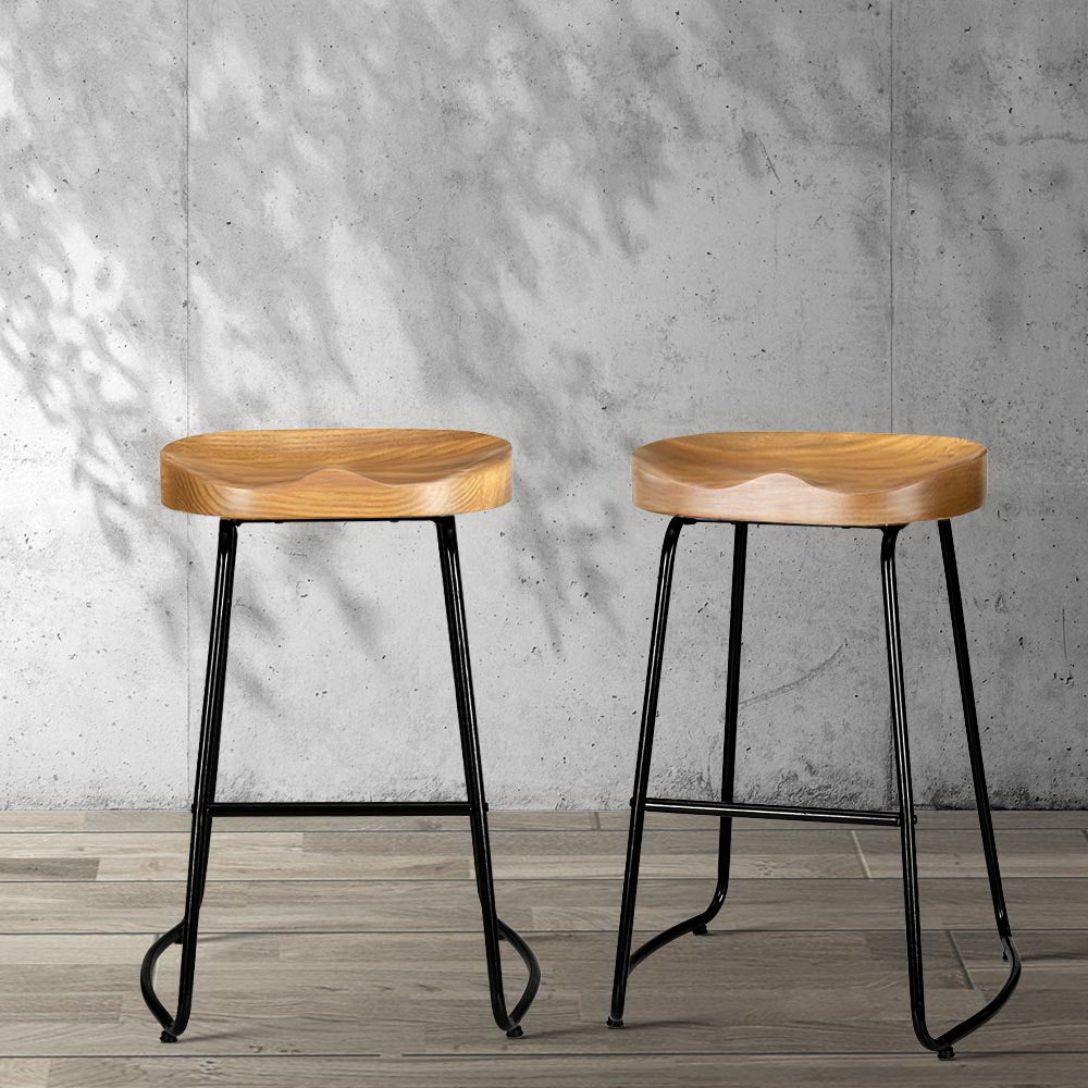 Artiss Set of 2 Elm Wood Backless Bar Stools 65cm - Black and Light Natural