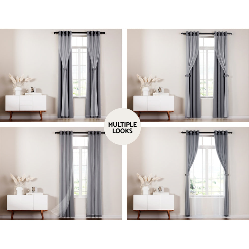 Artiss 2X 132x213cm Blockout Sheer Curtains Charcoal