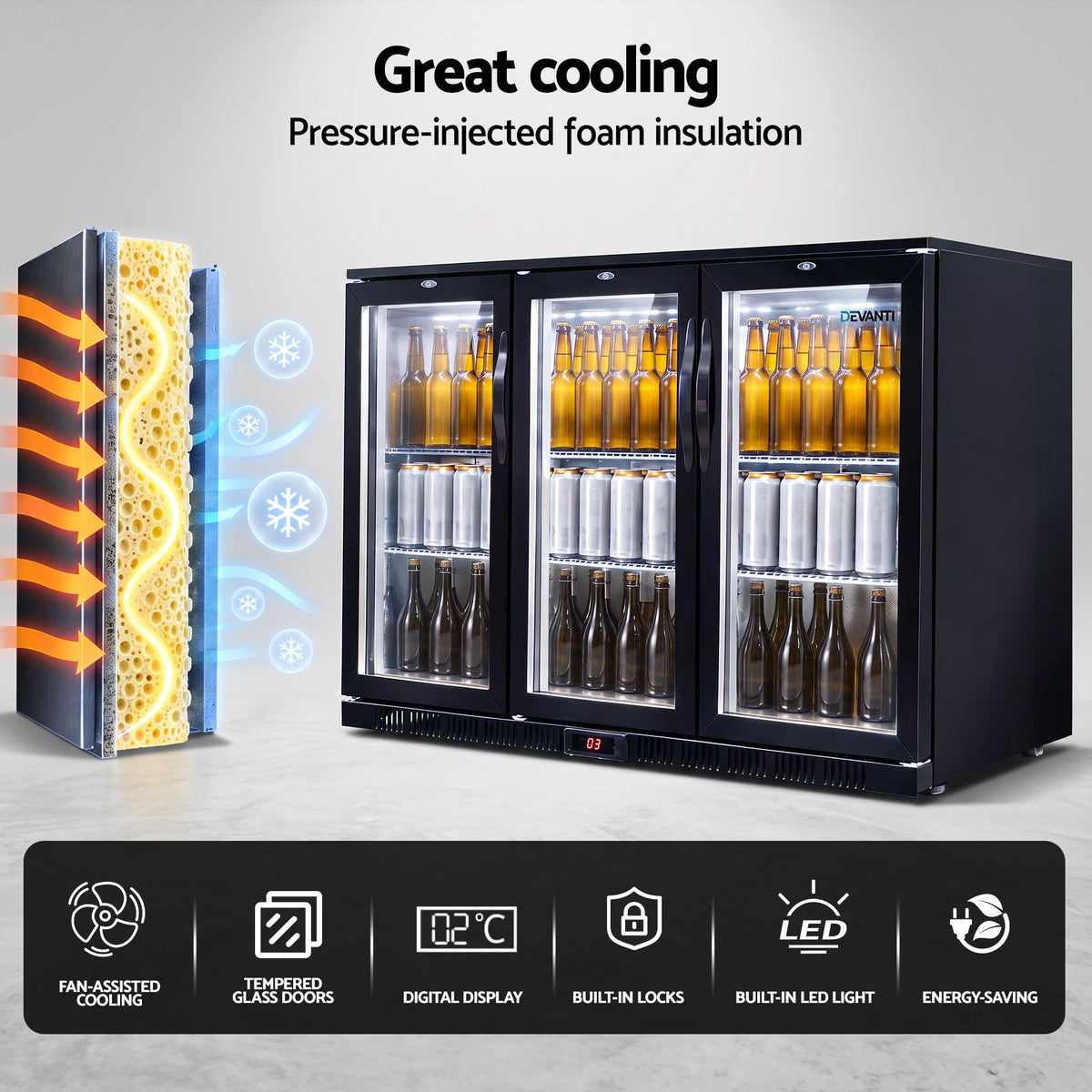 Devanti 320L Commercial Bar Fridge 3-Door Beverage Cooler Glass Display Black