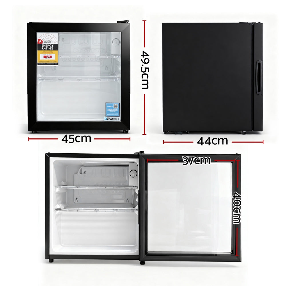 Devanti 40L Bar Fridge Glass Door Mini Fridge Countertop Cooler Black