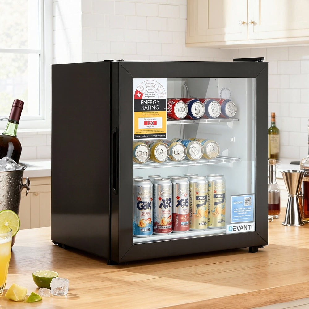Devanti 40L Bar Fridge Glass Door Mini Fridge Countertop Cooler Black