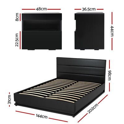 Artiss RGB LED Double Bed Frame with Beside Table Set 16 Colour Mood Lighting