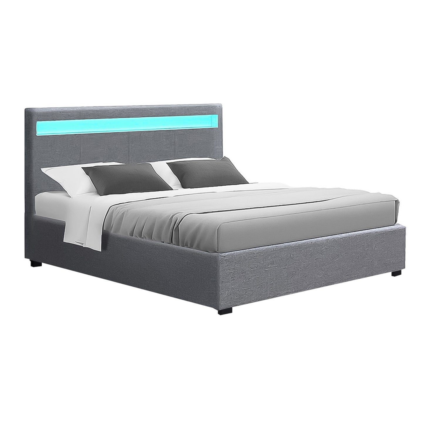 Artiss Cole LED Bed Frame Fabric Gas Lift Storage - Grey Queen