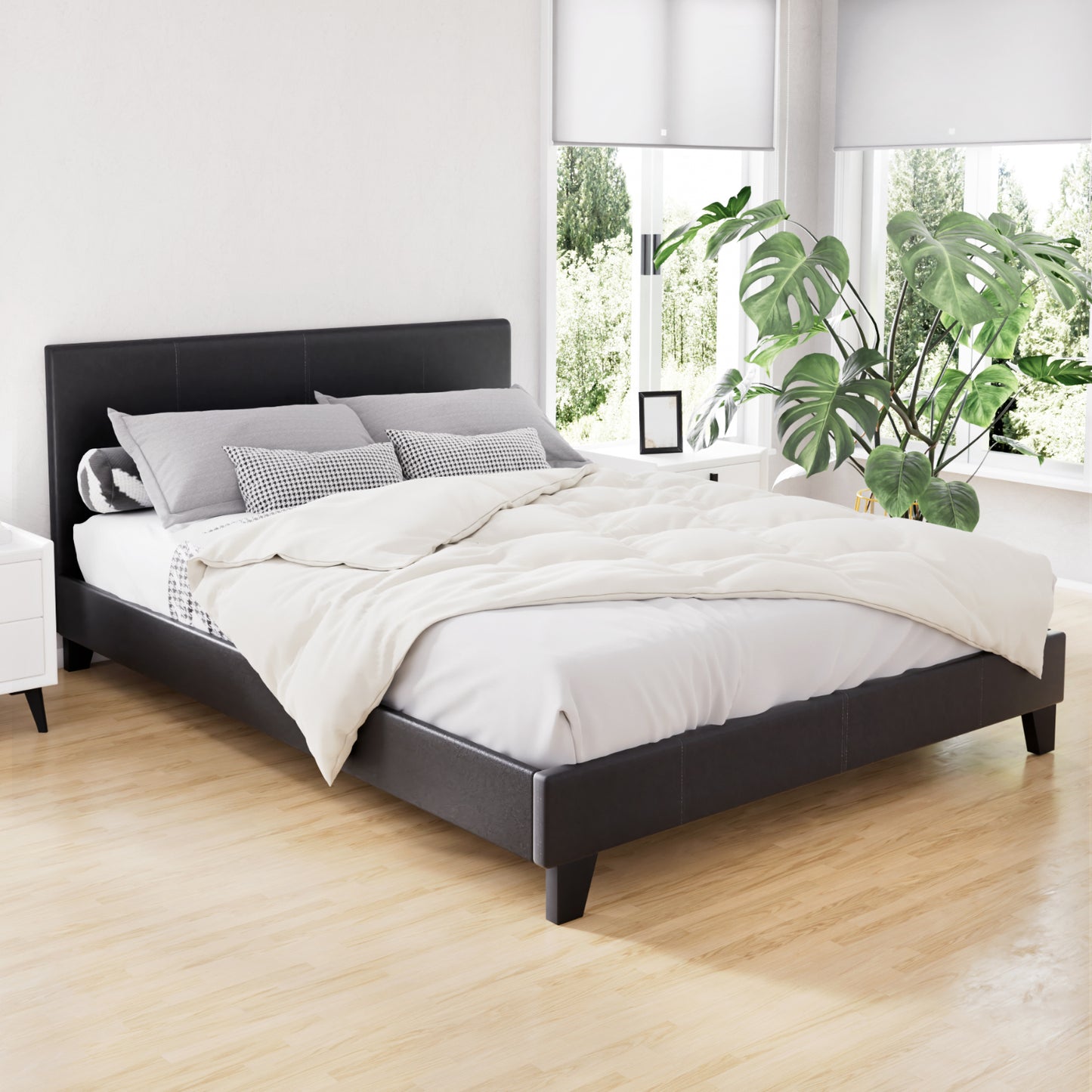 Artiss Bed Frame Double Size Base Mattress Platform Leather Wooden Black NEO