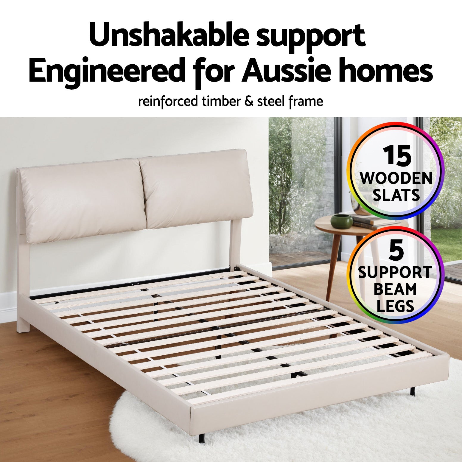 Artiss Double Bed Frame RGB LED Floating Beds Adjustable Headboard Beige White