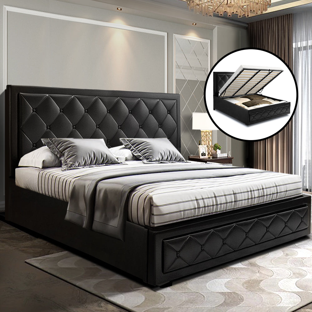 Artiss Tiyo Bed Frame PU Leather Gas Lift Storage - Black King