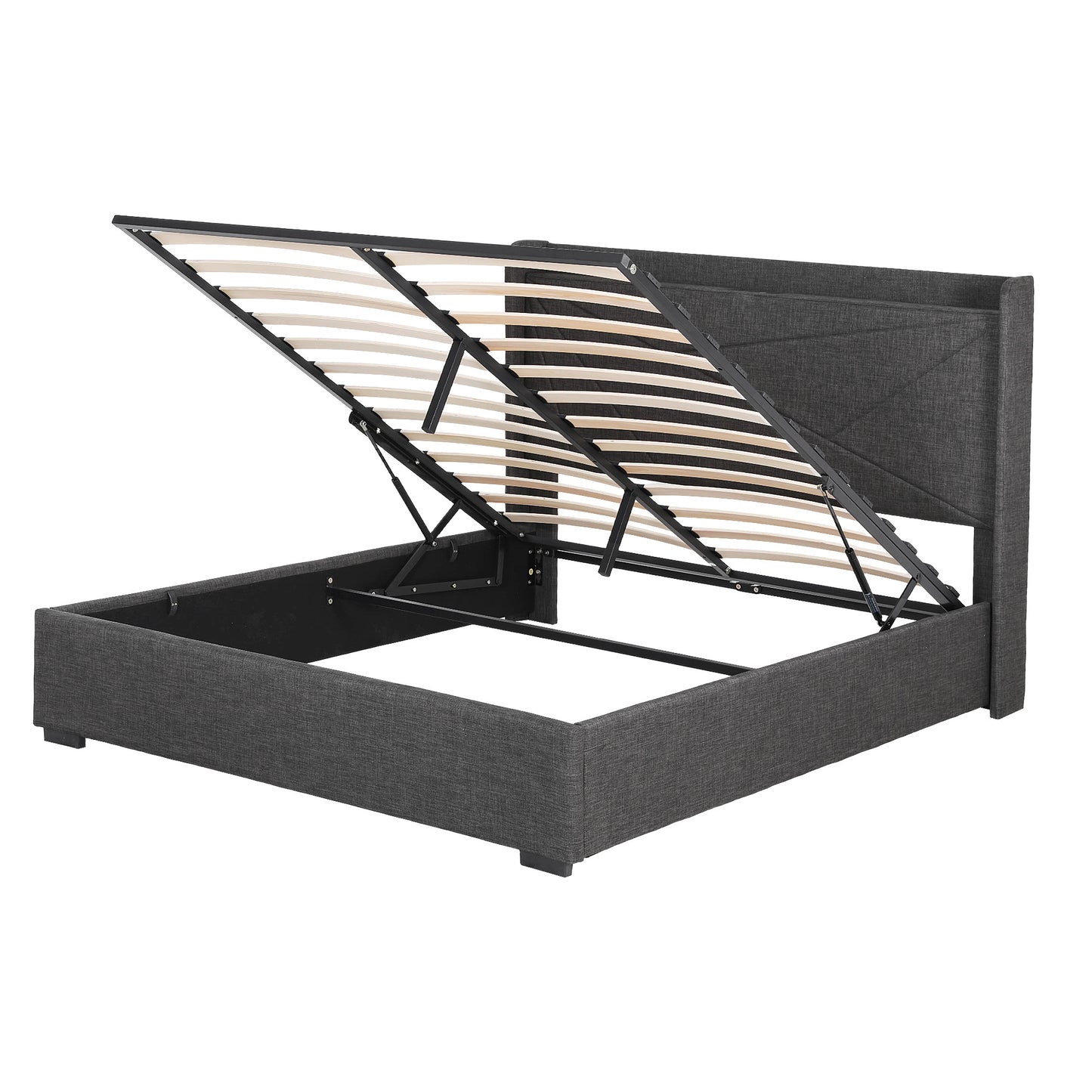Artiss Queen Bed Frame Gas Lift Storage Bed with Charging Ports Upholstered Geometric Headboard Charcoal Grey