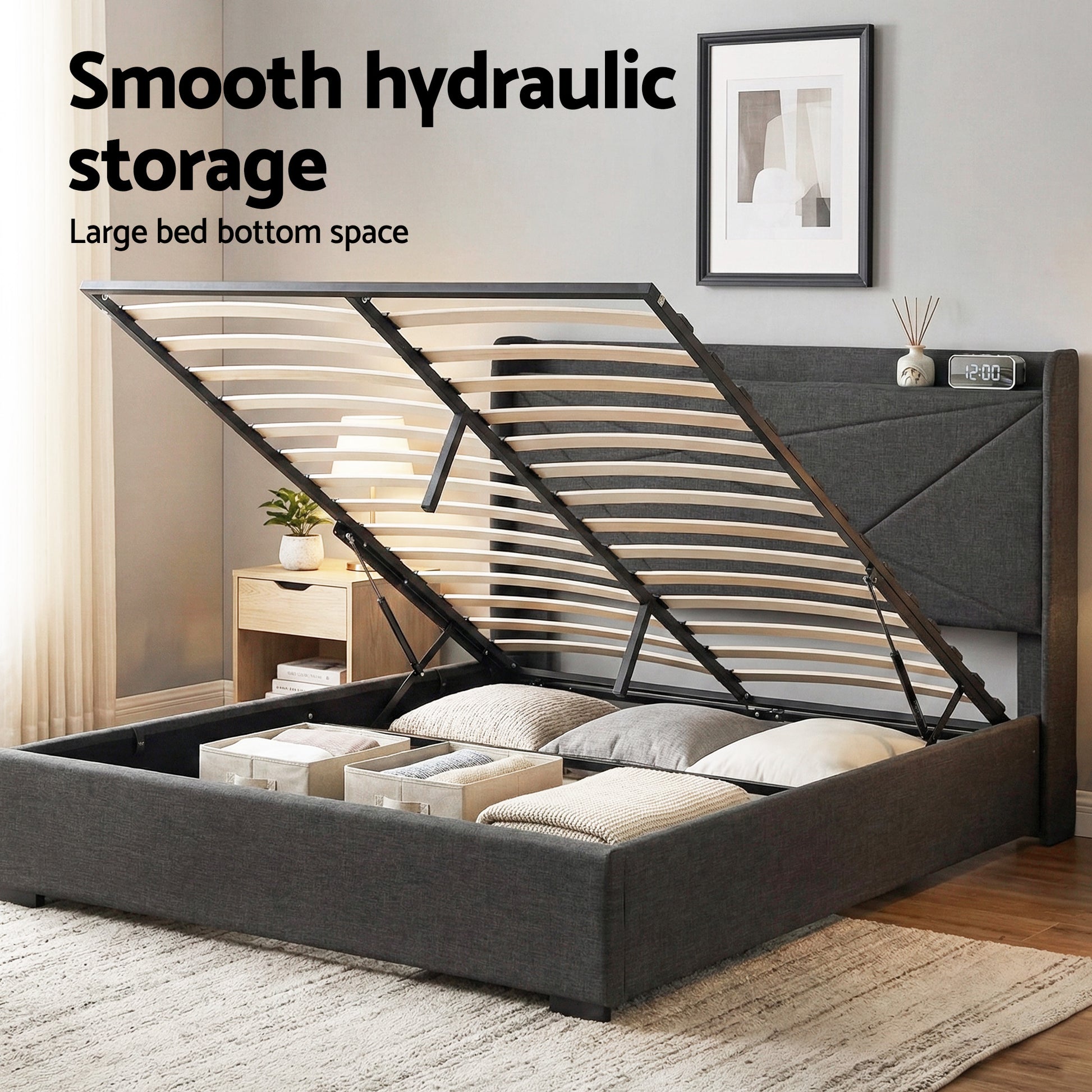 Artiss Queen Bed Frame Gas Lift Storage Bed with Charging Ports Upholstered Geometric Headboard Charcoal Grey